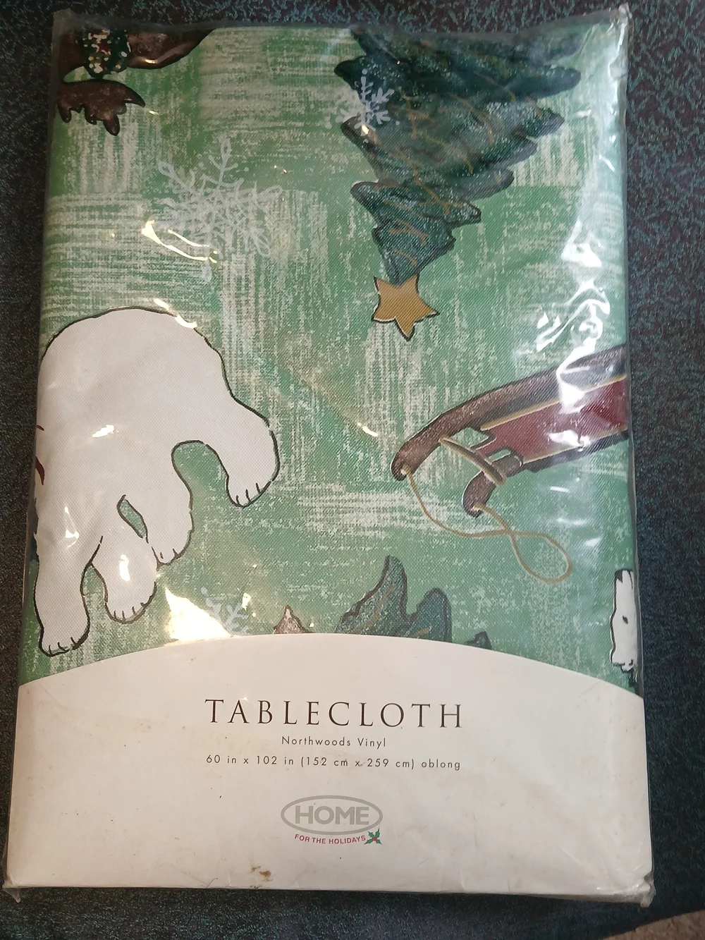 Christmas Green Polar Bear Vinyl Tablecloth with Holiday Trees